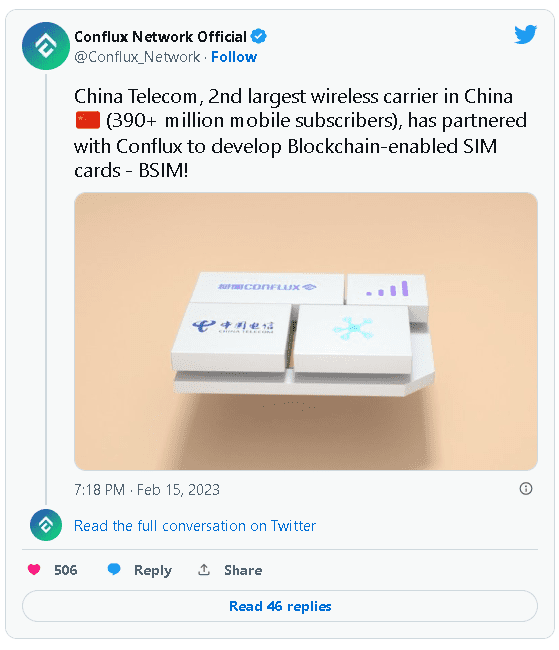 Conflux與中國電信合作，開發區塊鏈SIM卡