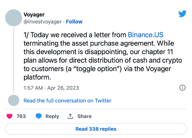 Binance.US終止與Voyager的資產購買協議